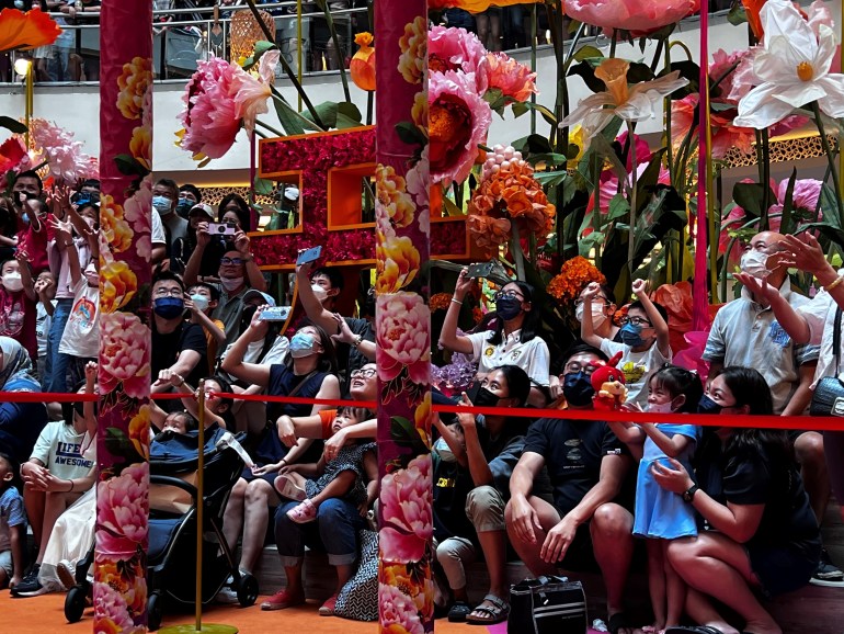 People crowd together to watch a lion dance performance. They are smiling and cheering. Some look awed. Many are taking photos or filming on their phones. They are sitting or standing around Lunar New Year decorations including giant flowers.