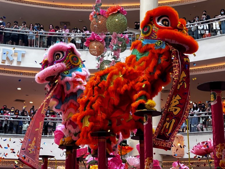 Lions pose at the end of the performance with lucky scrolls hanging from their mouths. The performers who make up the lions are on high poles. One lion is red and the other pink. There are lots of people watching and they are clapping