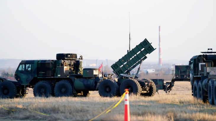 Patriot missile launchers are seen at the Rzeszow-Jasionka Airport, March 25, 2022, in Jasionka, Poland.