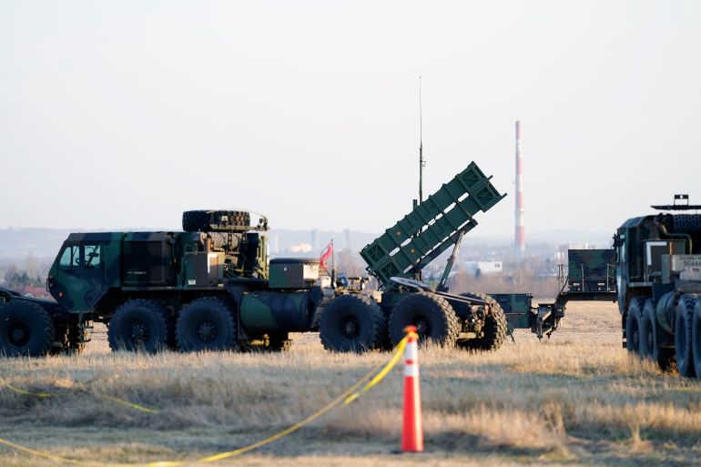 Patriot missile launchers are seen at the Rzeszow-Jasionka Airport, March 25, 2022, in Jasionka, Poland.
