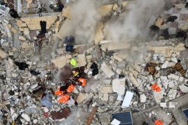 Aerial view of a destroyed building in Sarmada, Idlib, Syria.