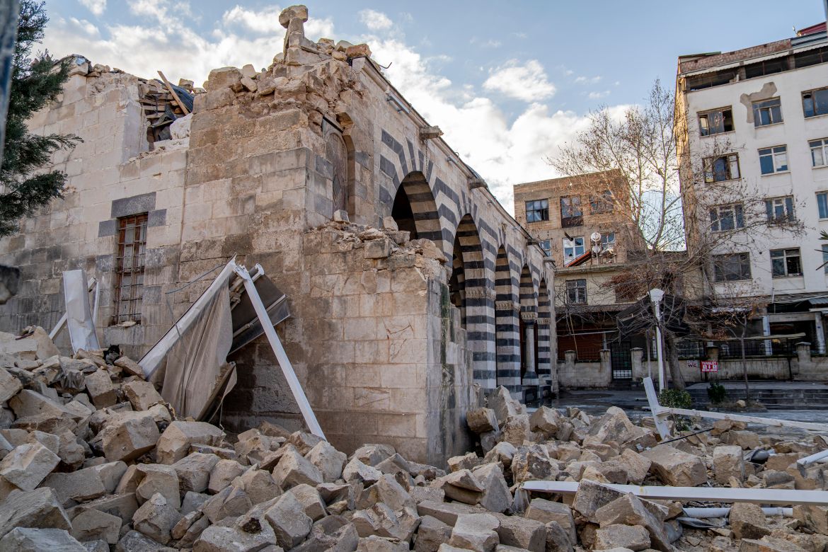What is left of a small mosque in the bazaar area of Gaziantep after a 7.9 magnitude earthquake hit the city last week