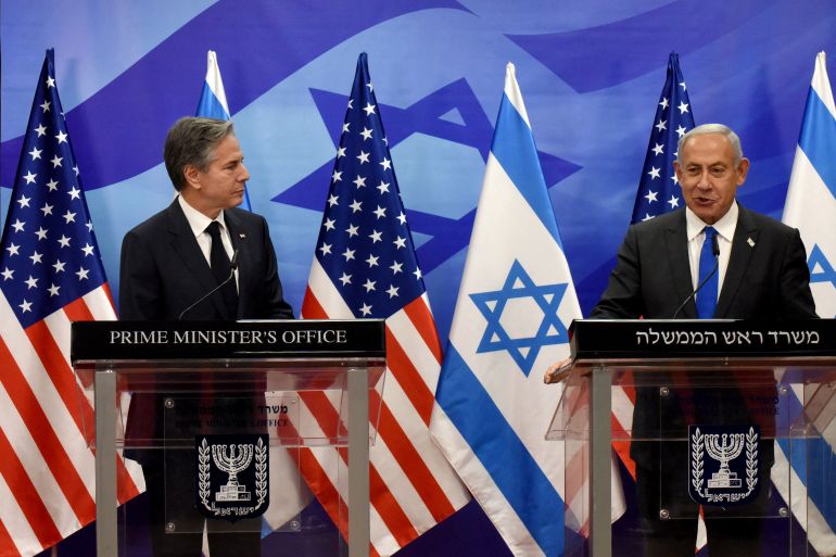 L-R: U.S. Secretary of State Antony Blinken and Israeli Prime Minister Benjamin Netanyahu make statements to the media after their meeting at the Prime Minister's Office in Jerusalem, on Monday, January 30, 2023.