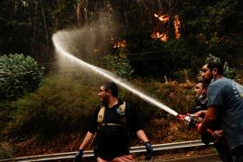 A firefighter shoots water out of a hose to douse flames in a nearby forest while others watch