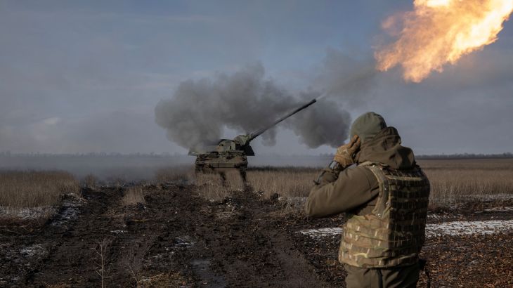 Ukrainian army from the 43rd Heavy Artillery Brigade fire the German howitzer Panzerhaubitze 2000, called Tina by the unit, amid Russia's attack on Ukraine, near Bakhmut, in Donetsk region, Ukraine, February 5, 2023