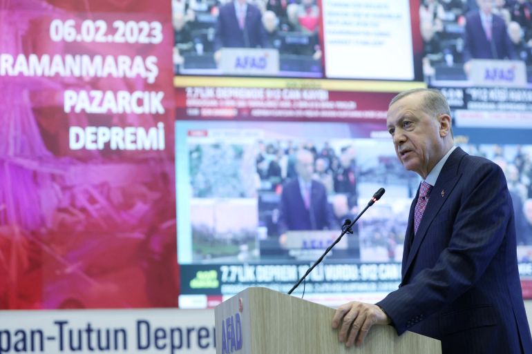 Turkish President Tayyip Erdogan speaks at the coordination center of Turkey's Disaster and Emergency Management Authority (AFAD) in Ankara, Turkey February 6, 2023.?Presidential Press Office/Handout via REUTERS