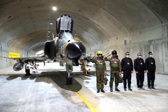 A fighter jet is seen at the first underground air force base in Iran