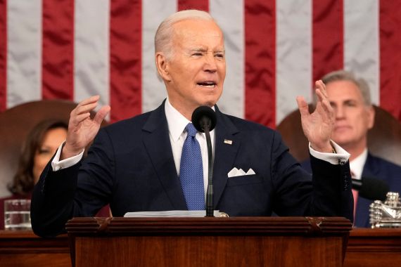 US President Joe Biden delivers his speech with Kamala Harris and Kevin McCarthy sitting behind him.