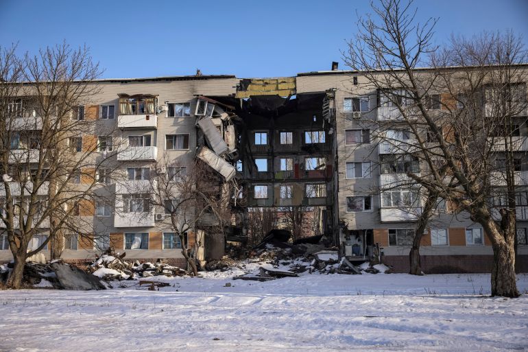 A general view shows an apartment building damaged by a Russian military strike, amid Russia's attack on Ukraine, in the frontline city of Bakhmut in Donetsk region, Ukraine February 19, 2023. REUTERS/Yevhen Titov