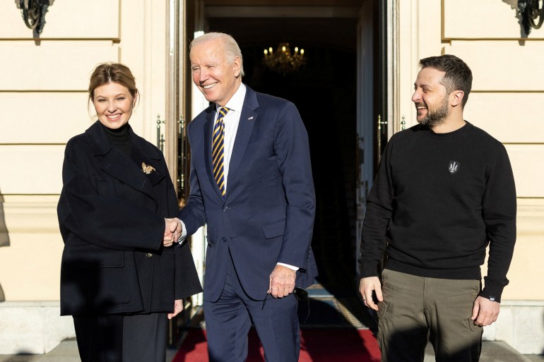 Ukraine's President Volodymyr Zelenskyy and his wife Olena welcome US President Joe Biden in Kyiv, Ukraine, February 20, 2023.