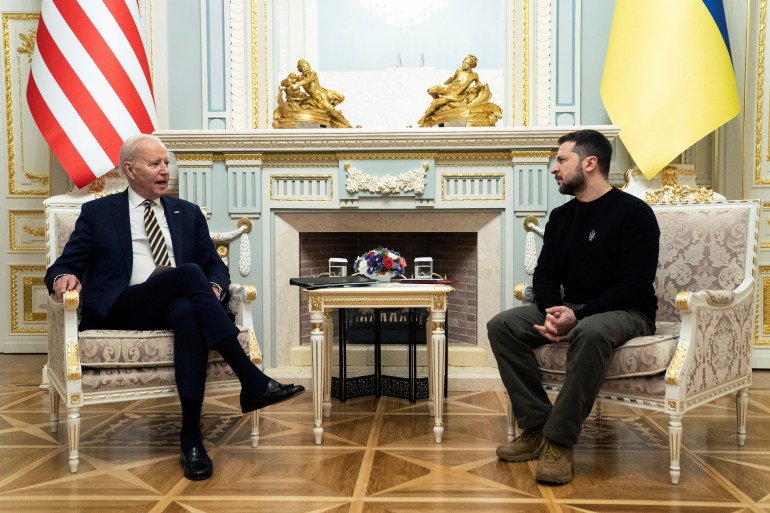 Ukraine's President Volodymyr Zelenskyy and U.S. President Joe Biden attend a meeting