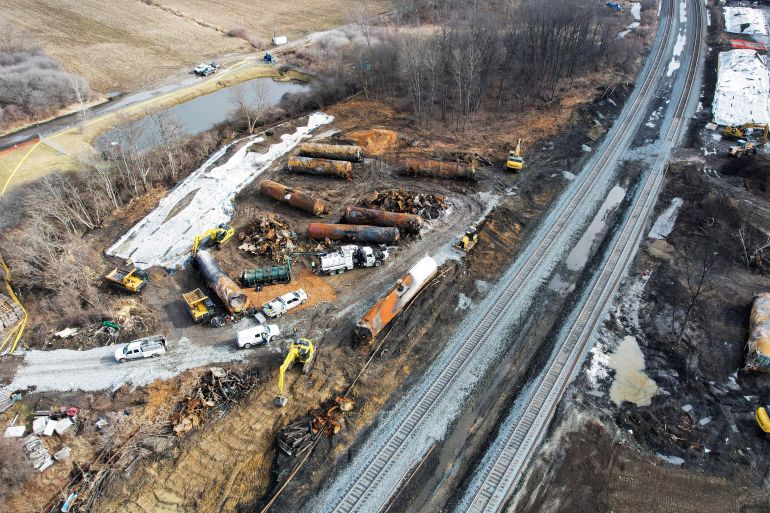An aerial view of the train derailment site in Ohio