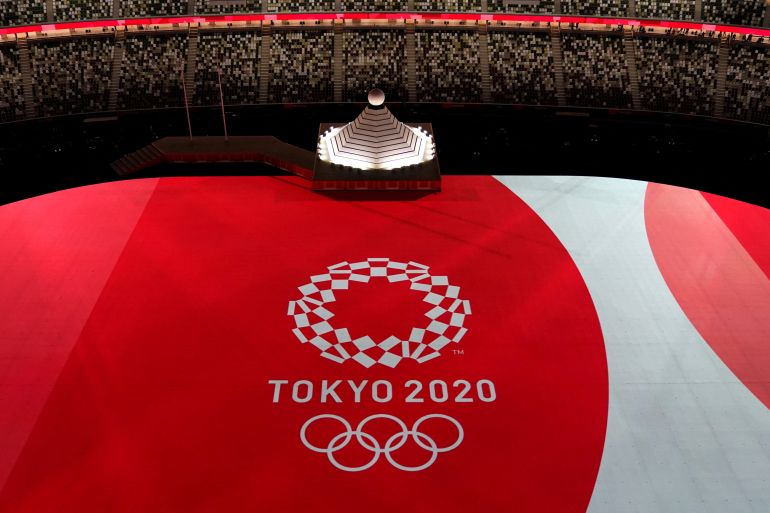 The Tokyo 2020 Olympics logo is seen during the opening ceremony at the Olympic Stadium in Tokyo, Japan.