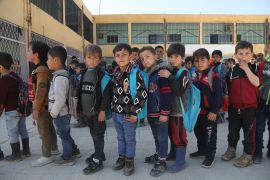 Students line up before class begins at Harem Boys School in northwest Syria