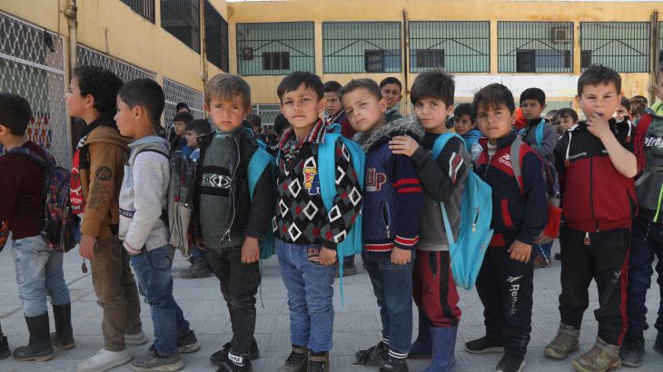 Students line up before class begins at Harem Boys School in northwest Syria