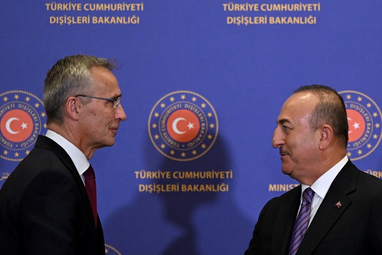 Turkish Foreign Minister Mevlut Cavusoglu (R) looks towards NATO Secretary General Jens Stoltenberg (L) after they addressed a press conference following a meeting at The Foreign Ministry in Istanbul, on November 3, 2022. (Photo by OZAN KOSE / AFP)