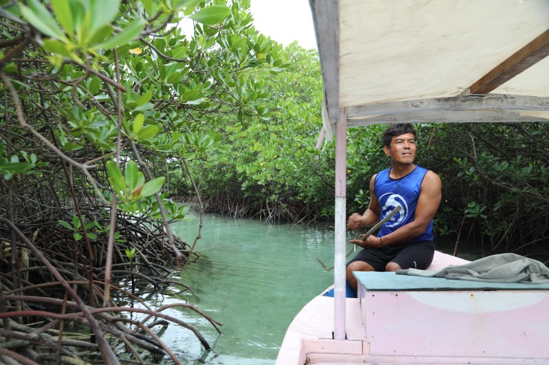 A man in a blue tank top steers a boat through mangroves on Pari island. The trees are very green and the water a blue-green