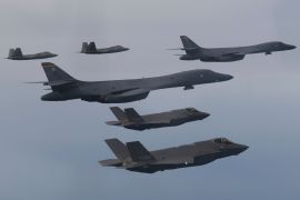 U.S. Air Force B-1B bombers, F-22 fighter jets and South Korean Air Force F-35 fighter jets fly over South Korea Peninsula during a joint air drill in South Korea,