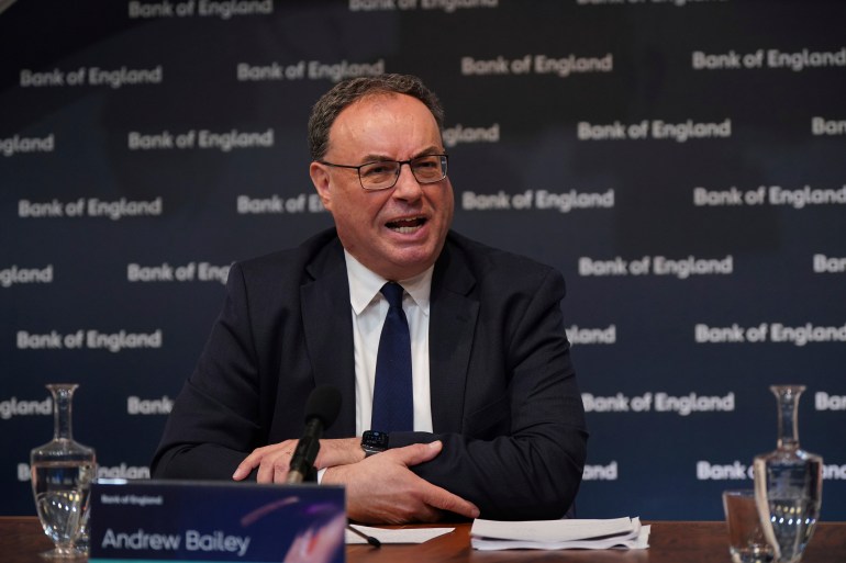 Andrew Bailey, Governor of the Bank of England speaks during the Bank of England Monetary Policy Report press conference at the Bank of England in London, Thursday Feb. 2, 2023. The Bank of England raised interest rates by half a percentage point Thursday as it sought to tame double-digit inflation that is fueling a cost-of-living crisis, public-sector strikes and fears of recession. (Yui Mok/Pool via AP)