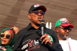 Nigeria's Labour Party's Presidential Candidate Peter Obi, speaks to his supporters during an election campaign rally in Abuja Nigeria Thursday, Feb. 9, 2023. (AP Photo/Emmanuel Osodi)