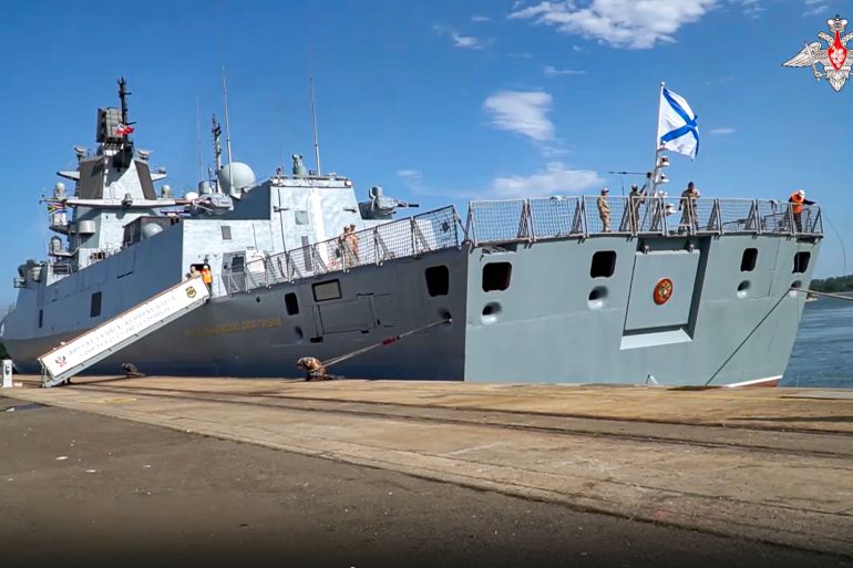 This handout photo taken from video released by Russian Defense Ministry Press Service on Wednesday, Feb. 22, 2023, shows the Admiral Gorshkov frigate of the Russian navy in Richards Bay, South Africa