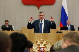 In this handout photo released by The State Duma, The Federal Assembly of The Russian Federation, Liberal Democratic Party Leader Leonid Slutsky gestures