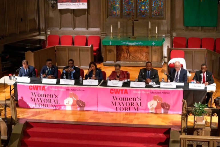 Candidates in Chicago's mayoral election during a forum