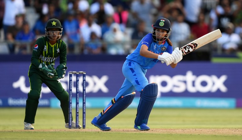 Yastika Bhatia of India plays a shot during the ICC Women's T20 World Cup group B match between India and Pakistan.