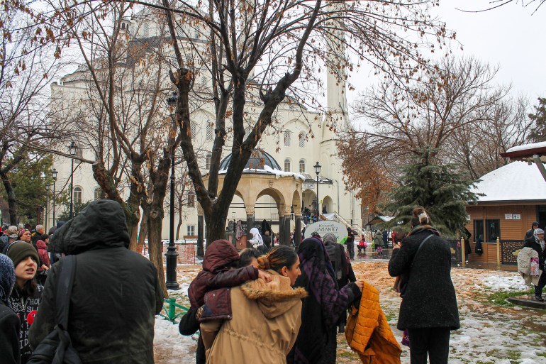 People gather at a park outside a mosque in Gaziantep