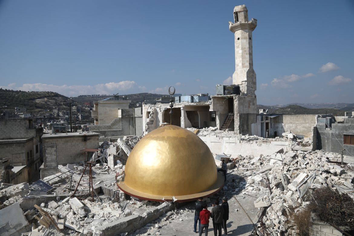 The Maland mosque's dome fallen on the ground after the earthquake destroyed the structure