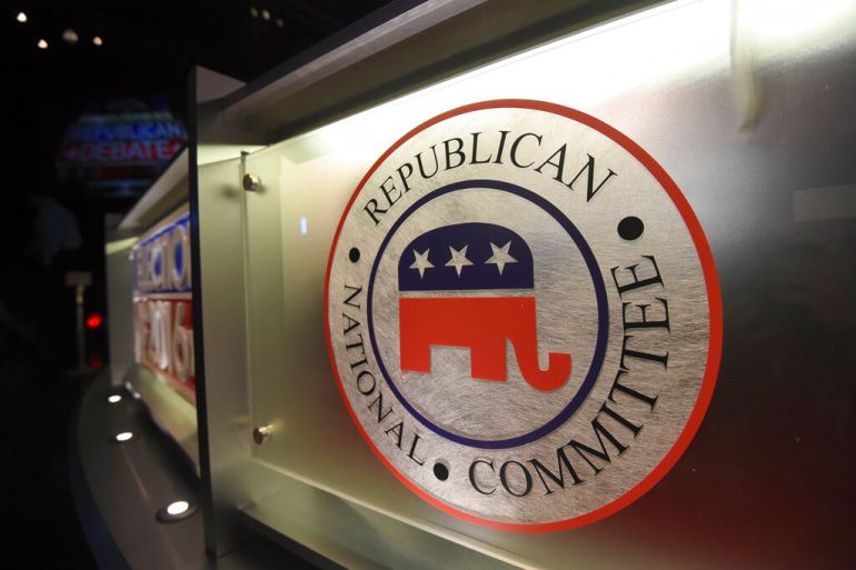 A photo shows the logo of the Republican National Committee