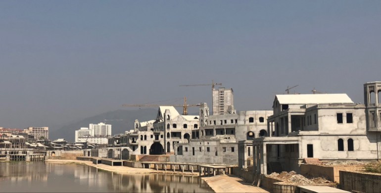 Construction on a marina-like development in the Kings Romans casino city in the Golden Triangle Special Economic Zone in Laos in February 2023 [Kevin Doyle/Al Jazeera]