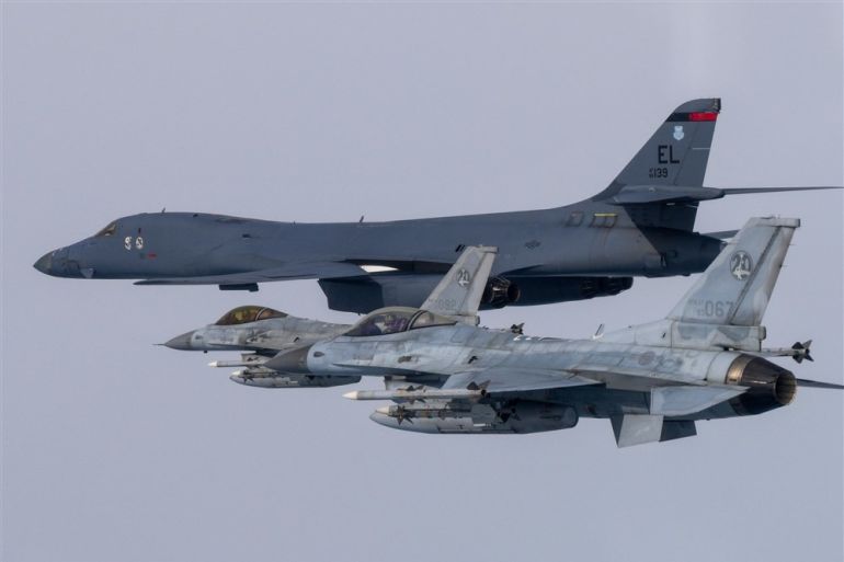 South Korea and the US carry out a joint drill involving F-15K and KF-16 fighter jets and a B-1B strategic bomber from the US on 03 March 2023. Major joint exercises are planned from March 13 to 23 [South Korean Defence Ministry/EPA-EFE]