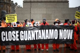 Protestors calling for the closure of the Guantanamo Bay Detention Camp demonstrate in Trafalgar Square, in London, Britain, January 8, 2022. REUTERS/Henry Nicholls