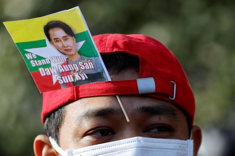 A protester in Japan rallies to mark the second anniversary of Myanmar's coup
