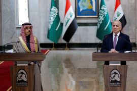 Saudi Arabia's Foreign Minister Prince Faisal bin Farhan Al Saud and Iraqi Foreign Minister Fuad Hussein