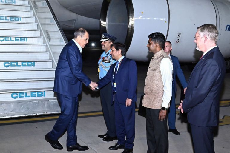 Russia's Foreign Minister Sergei Lavrov is welcomed upon his arrival in New Delhi