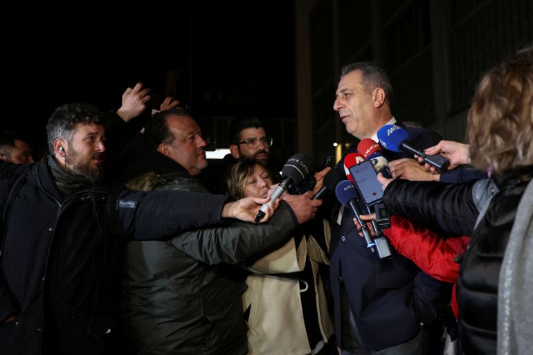 Lawyer Stefanos Pantzartzidis, who represents the station master being investigated over the fatal collision of two trains, speaks to journalists.