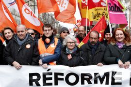 French unions protest against the pension reform plan in Paris