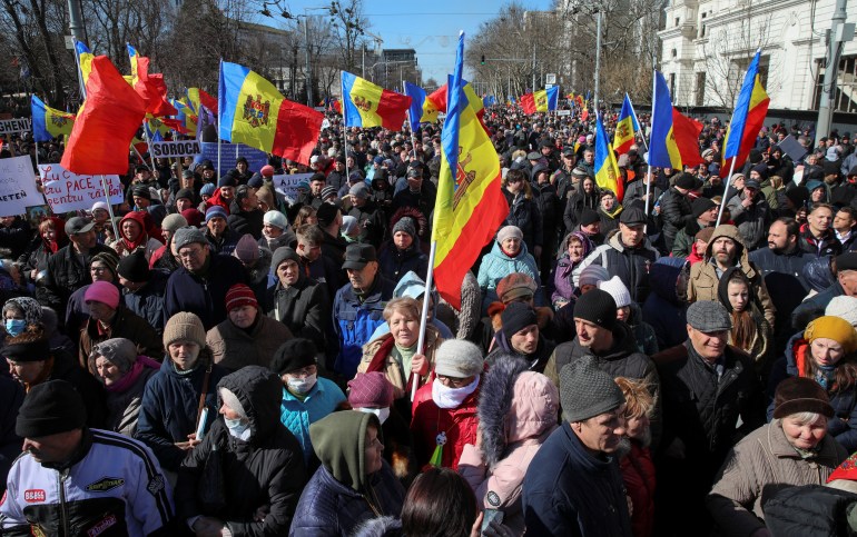 Participants protest against the recent countrywide increase of power rates and prices during an anti-government rally, which is organised by opposition political movements including the Russia-friendly party Shor, in Chisinau, Moldova, March 12, 2023. REUTERS/Vladislav Culiomza