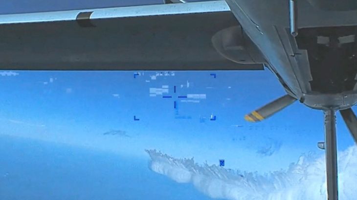 Fuel dumped by Russian Su-27 aircraft is seen by a U.S. Air Force intelligence, surveillance, and reconnaissance unmanned MQ-9 aircraft over the Black Sea, March 14, 2023 in this still image taken from a handout video. Courtesy of U.S. Air Force/Handout via REUTERS THIS IMAGE HAS BEEN SUPPLIED BY A THIRD PARTY. MANDATORY CREDIT.