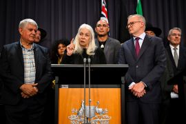 A member of the First Nations Referendum Working Group Marcia Langton speaks to the media during a news conference at Parliament House in Canberra, March 23, 2023. AAP Image/Lukas Coch via REUTERS ATTENTION EDITORS - THIS IMAGE WAS PROVIDED BY A THIRD PARTY. NO RESALES. NO ARCHIVES. AUSTRALIA OUT. NO COMMERCIAL OR EDITORIAL SALES IN AUSTRALIA. NEW ZEALAND OUT. NO COMMERCIAL OR EDITORIAL SALES IN NEW ZEALAND