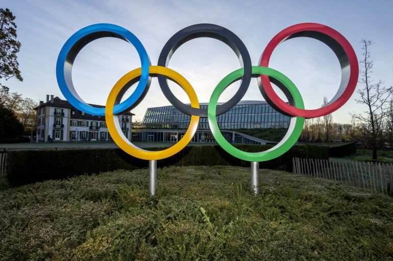 A view shows the Olympic Rings in front of The Olympic House, headquarters of the International Olympic Committee (IOC), during the executive board meeting of the International Olympic Committee (IOC), in Lausanne, Switzerland.