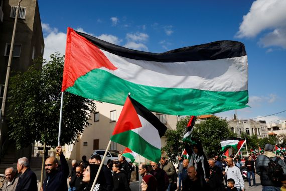 Palestinian flags waving