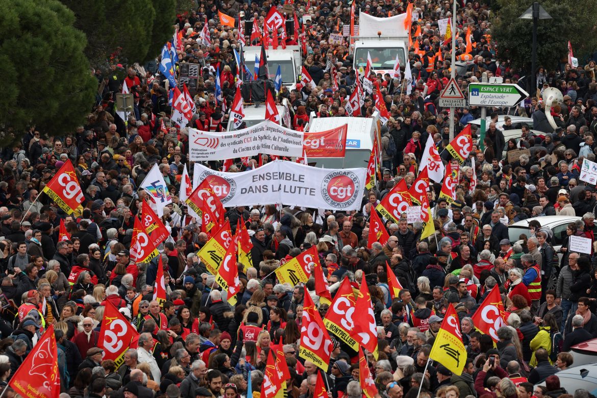 Protesters participate in a demonstration in Montpellier, southern France, on March 7, 2023, on the sixth day of nationwide rallies organized since the start of the year against French President's pension reform and its postponement of the legal retirement age from 62 to 64.