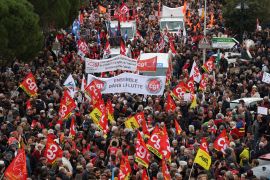 Protesters participate in a demonstration in Montpellier, southern France, on March 7, 2023, on the sixth day of nationwide rallies organized since the start of the year against French President's pension reform and its postponement of the legal retirement age from 62 to 64.