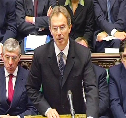 Tony Blair as British Prime Minister making statement to House of Commons on Iraq's weapons of mass destruction, London, Britain, video still