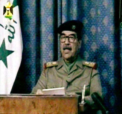 Saddam Hussein, as Iraq President, addresses nation following US air strike, Baghdad, Iraq, video still