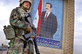 US Marine in front of Saddam Hussein tile poster