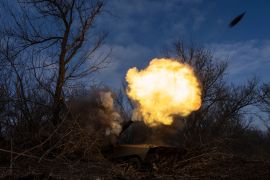 Ukrainian self propelled howitzer 2s1 of 80 Air Assault brigade fires towards Russian forces at the frontline near Bakhmut, Ukraine
